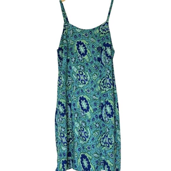 Vtg Rainbow Jo Dress Womens Size L Green Sleeveless Rayon Mini Sundress Turtles - Picture 1 of 11
